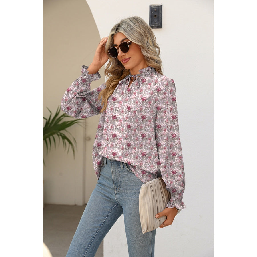 Printed Tie Neck Flounce Sleeve Blouse