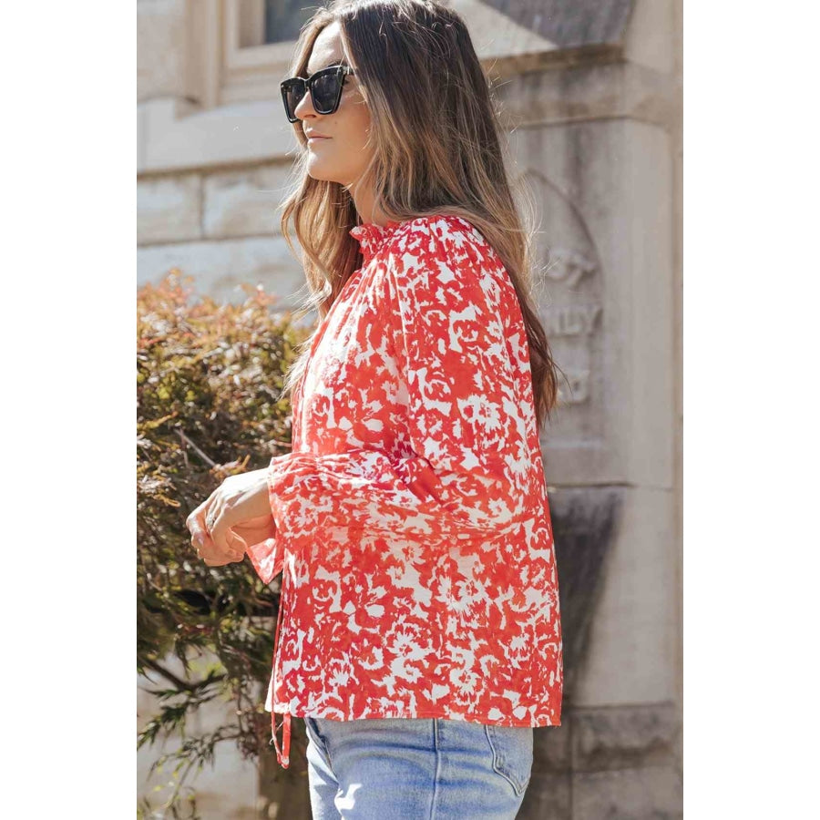 Printed Tie Neck Flounce Sleeve Blouse