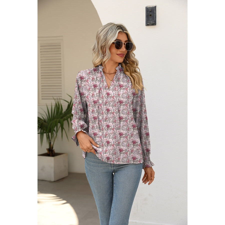 Printed Tie Neck Flounce Sleeve Blouse