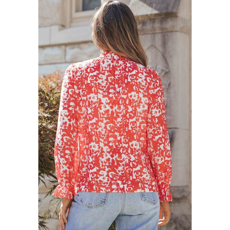 Printed Tie Neck Flounce Sleeve Blouse