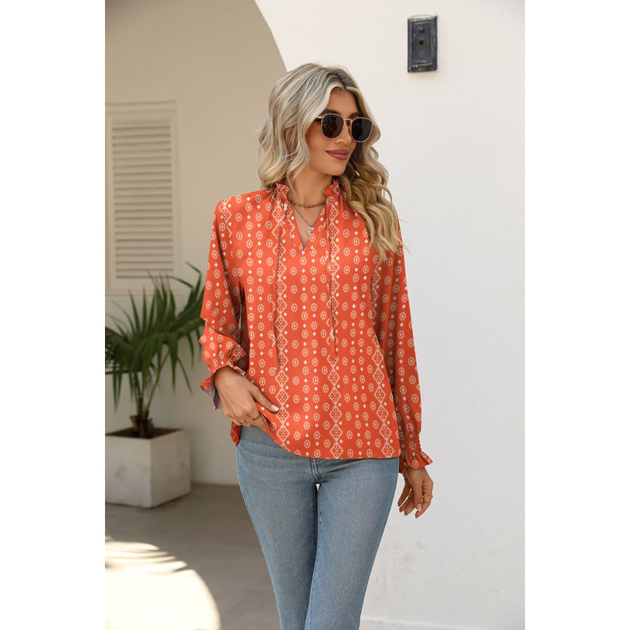 Printed Tie Neck Flounce Sleeve Blouse