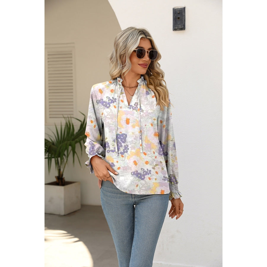 Printed Tie Neck Flounce Sleeve Blouse