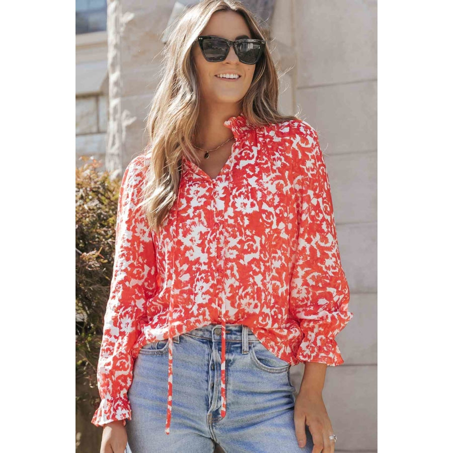 Printed Tie Neck Flounce Sleeve Blouse