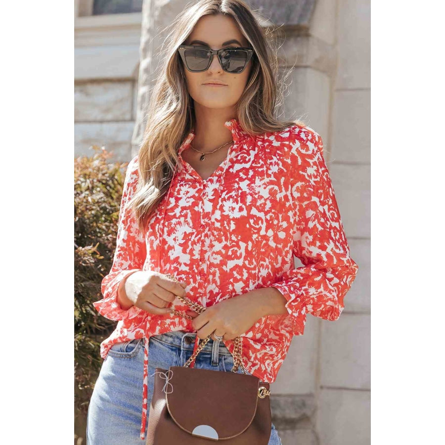 Printed Tie Neck Flounce Sleeve Blouse