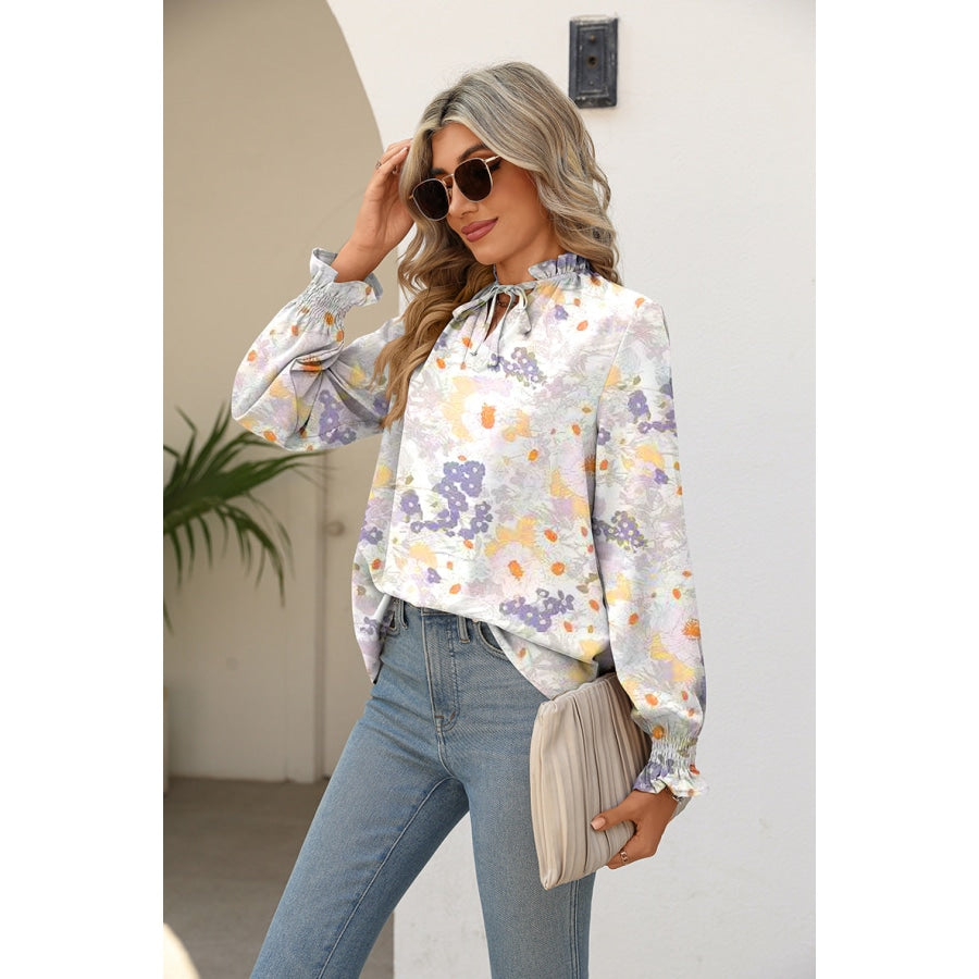 Printed Tie Neck Flounce Sleeve Blouse