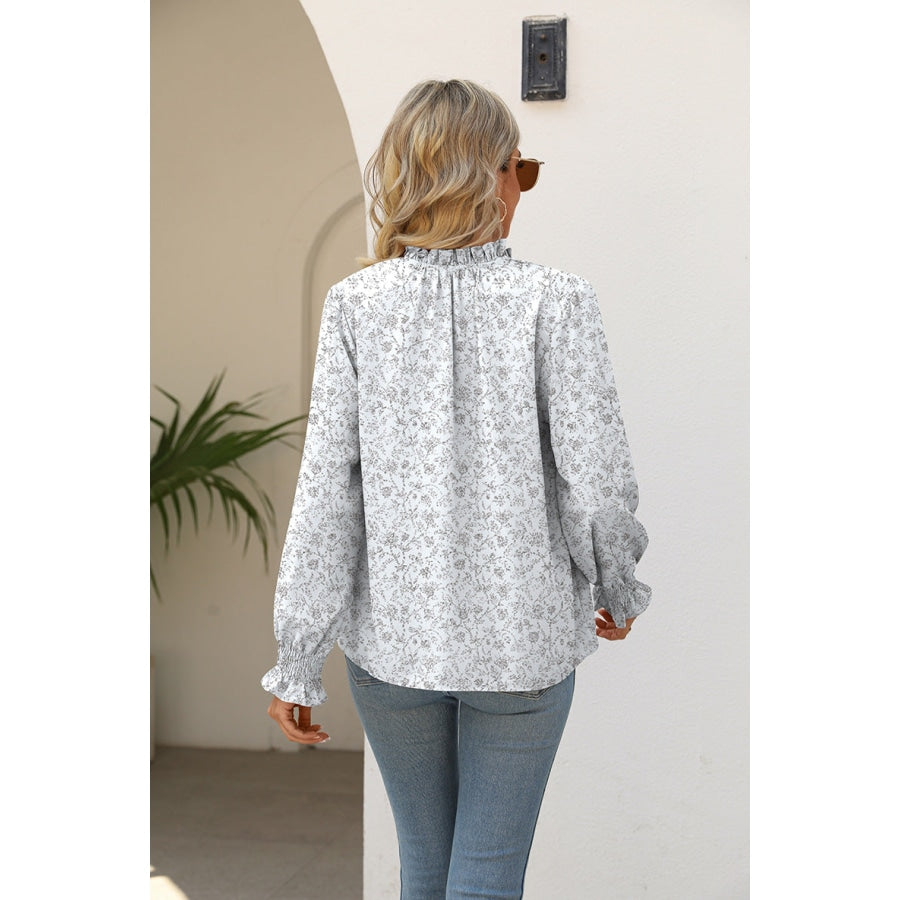 Printed Tie Neck Flounce Sleeve Blouse