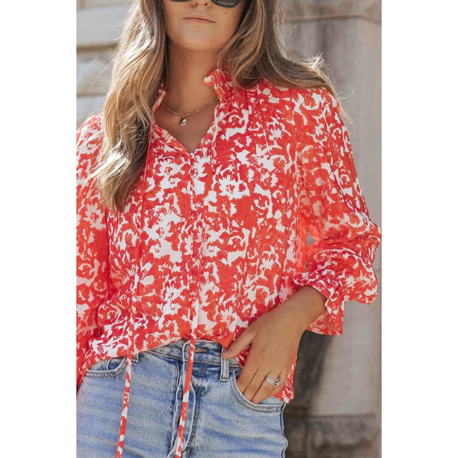 Printed Tie Neck Flounce Sleeve Blouse