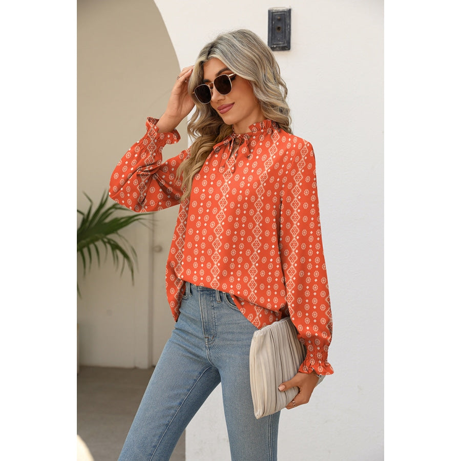 Printed Tie Neck Flounce Sleeve Blouse