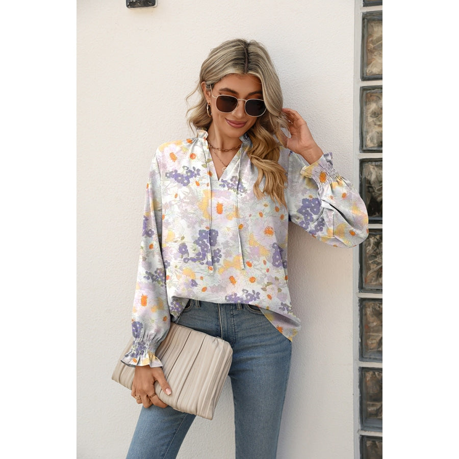 Printed Tie Neck Flounce Sleeve Blouse White / S