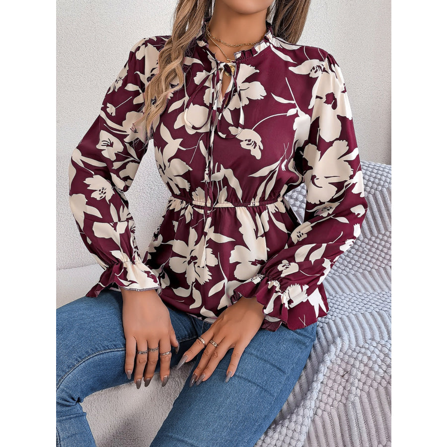 Printed Tie Neck Flounce Sleeve Blouse Wine / S Apparel and Accessories