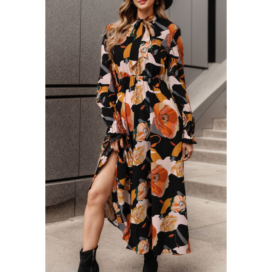 Printed Tie Neck Flounce Sleeve Dress Black / S Clothing