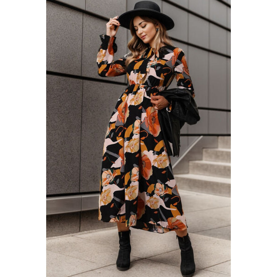 Printed Tie Neck Flounce Sleeve Dress Clothing