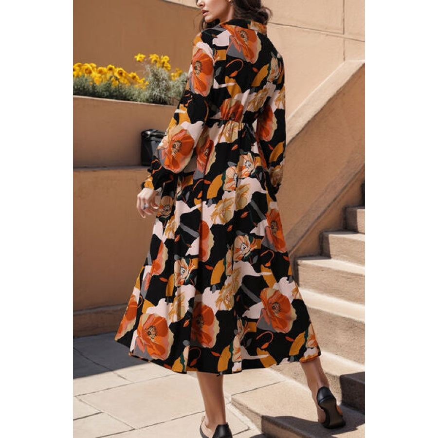 Printed Tie Neck Flounce Sleeve Dress Clothing