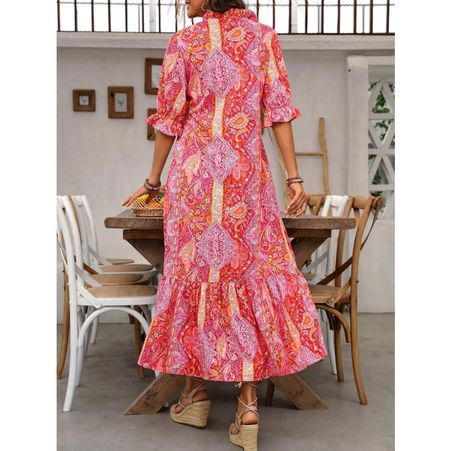 Printed Tie Neck Flounce Sleeve Midi Dress Strawberry / S Apparel and Accessories