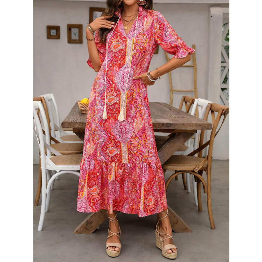 Printed Tie Neck Flounce Sleeve Midi Dress Strawberry / S Apparel and Accessories