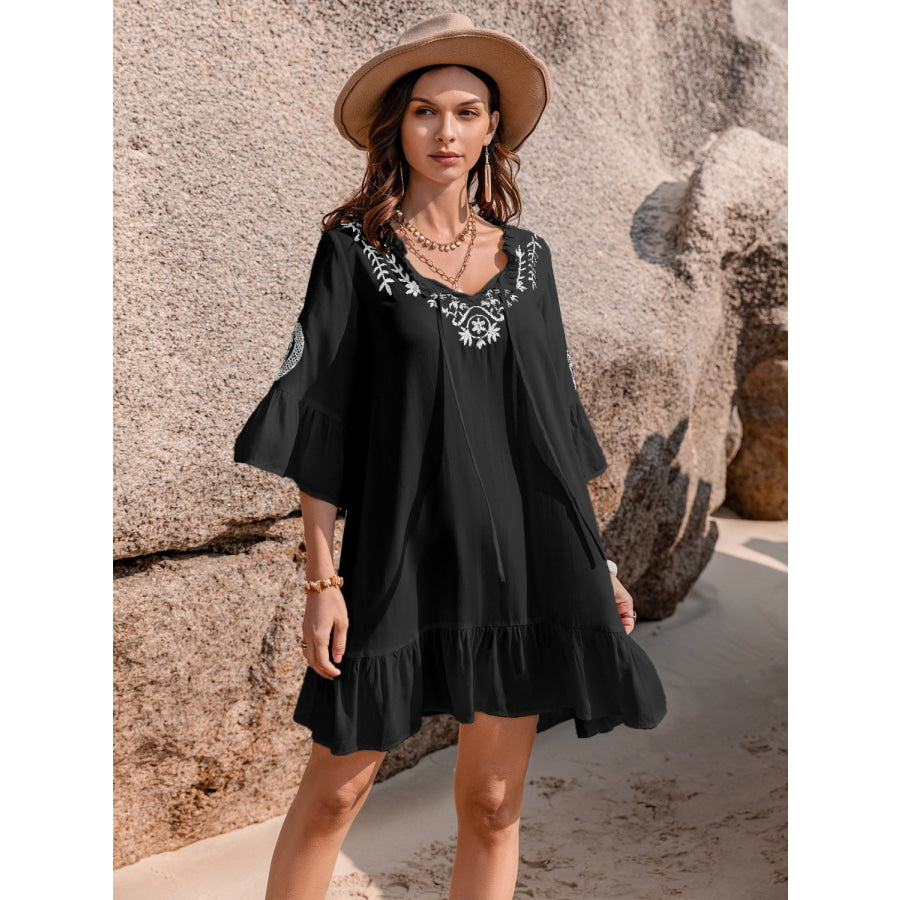 Printed Tie Neck Flounce Sleeve Mini Dress Black / S Apparel and Accessories