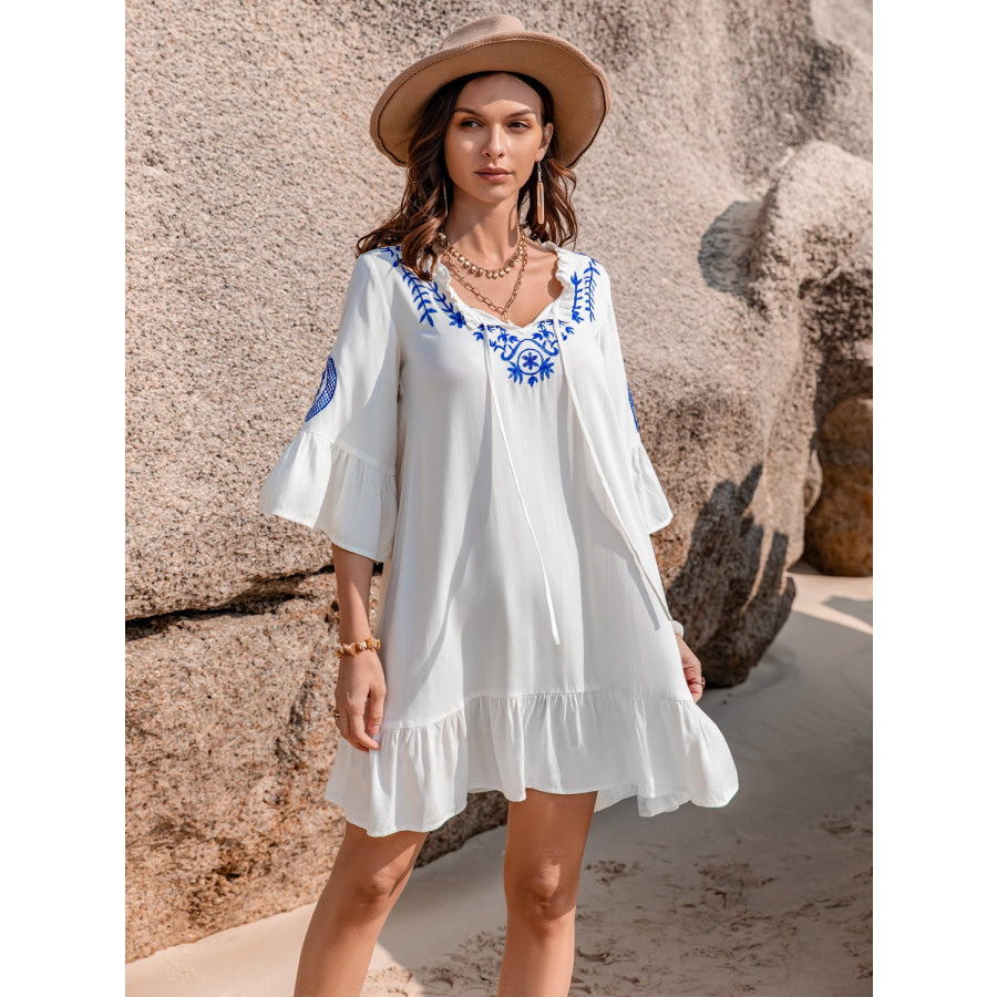 Printed Tie Neck Flounce Sleeve Mini Dress White / S Apparel and Accessories