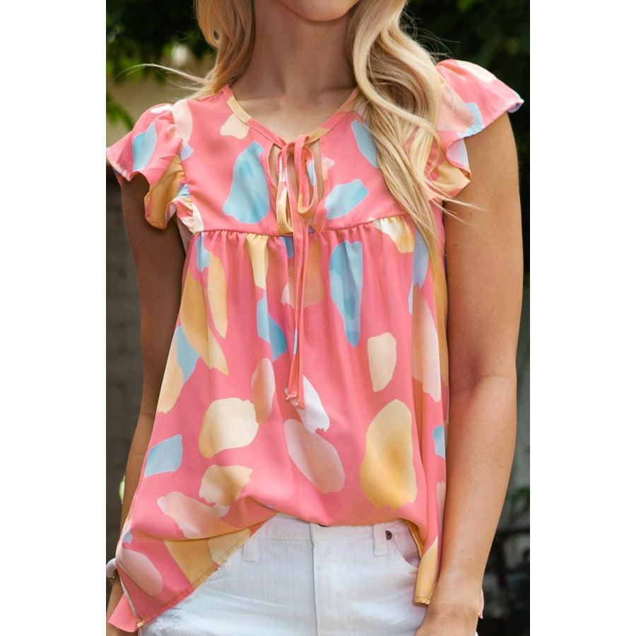 Printed Tie Neck Flutter Sleeve Blouse Carnation Pink / S