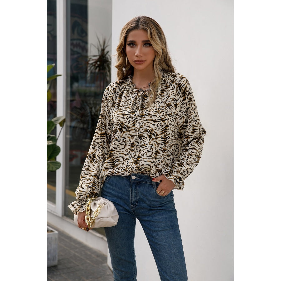 Printed Tie Neck Frill Trim Flounce Sleeve Blouse