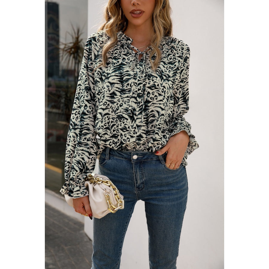 Printed Tie Neck Frill Trim Flounce Sleeve Blouse