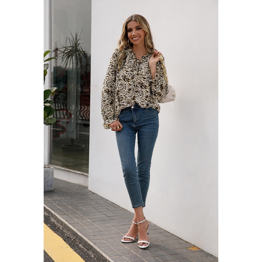 Printed Tie Neck Frill Trim Flounce Sleeve Blouse