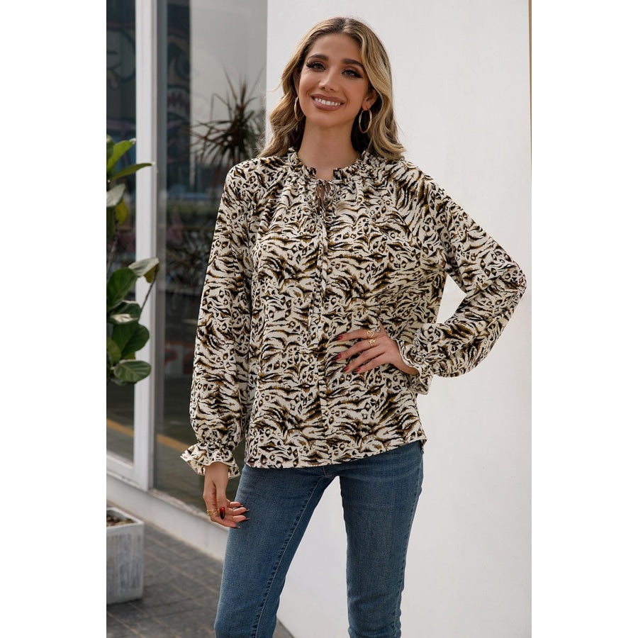 Printed Tie Neck Frill Trim Flounce Sleeve Blouse