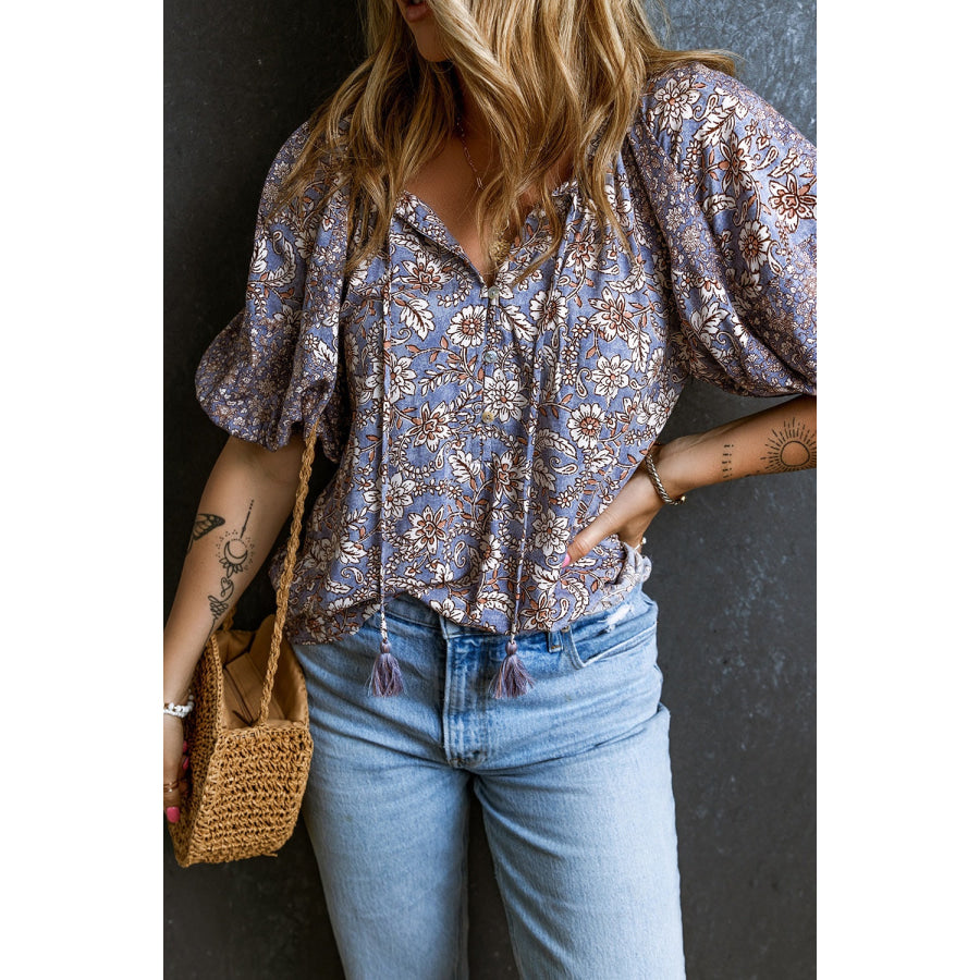 Printed Tie Neck Half Sleeve Blouse Apparel and Accessories