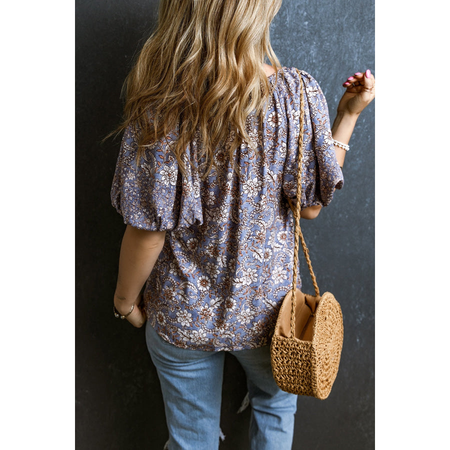 Printed Tie Neck Half Sleeve Blouse Apparel and Accessories