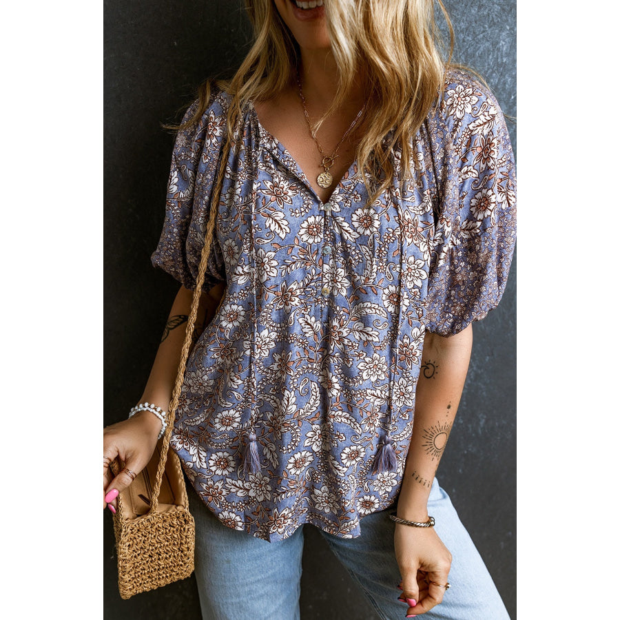 Printed Tie Neck Half Sleeve Blouse Apparel and Accessories