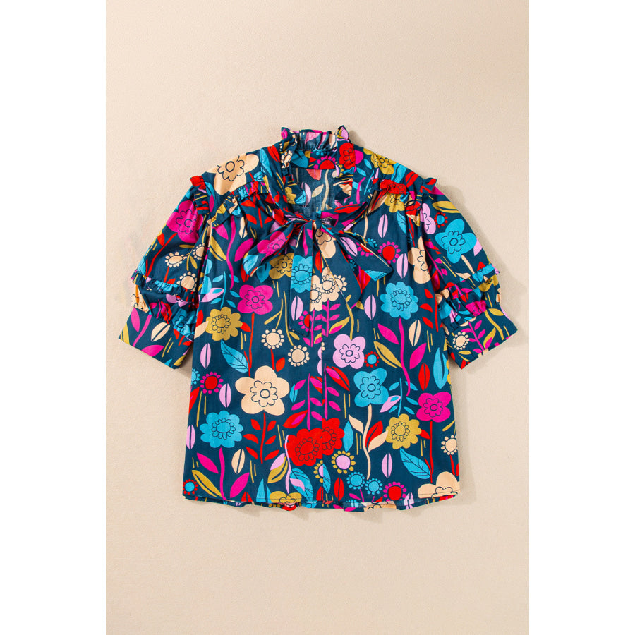 Printed Tie Neck Half Sleeve Blouse Floral / S Apparel and Accessories