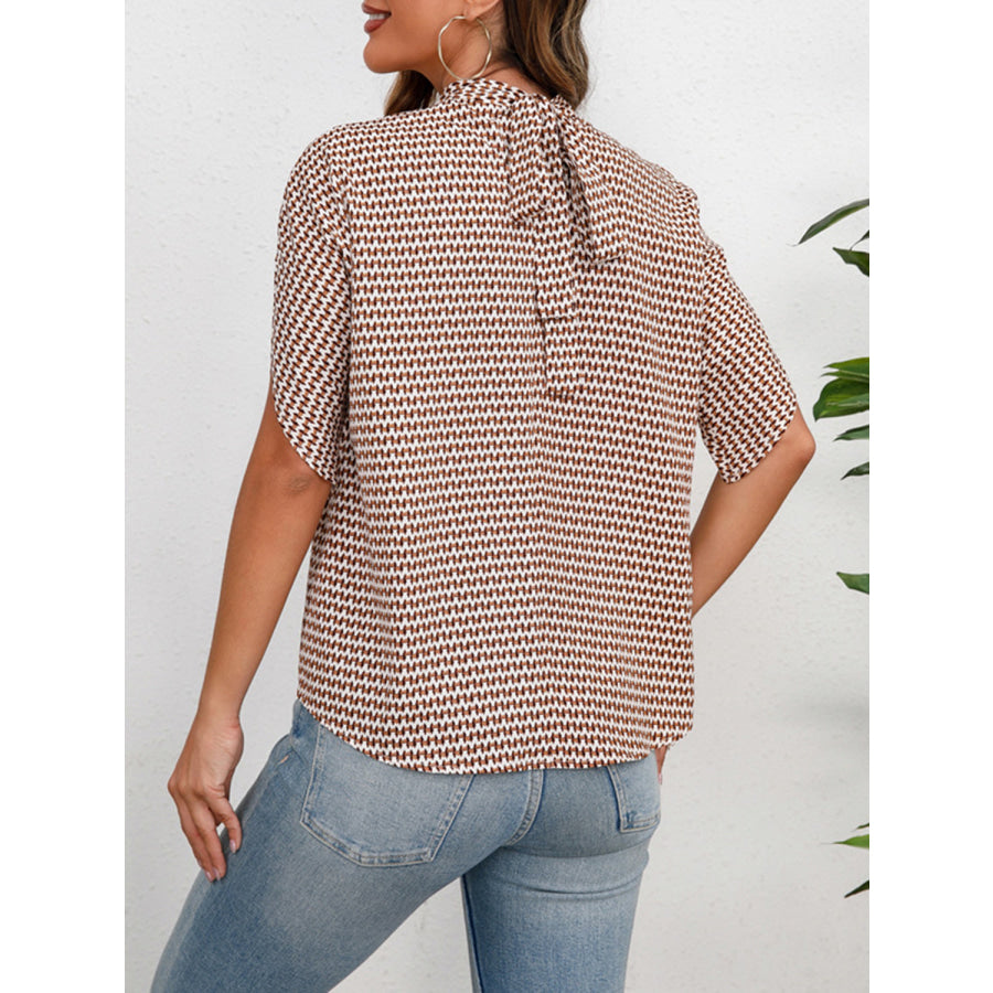 Printed Tie Neck Half Sleeve Blouse Apparel and Accessories