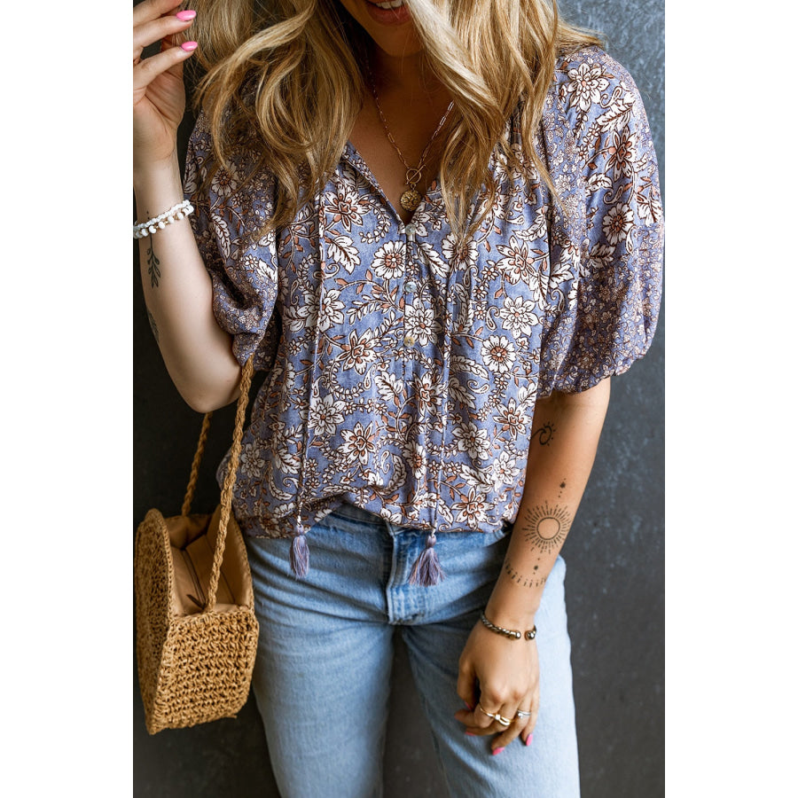 Printed Tie Neck Half Sleeve Blouse Apparel and Accessories