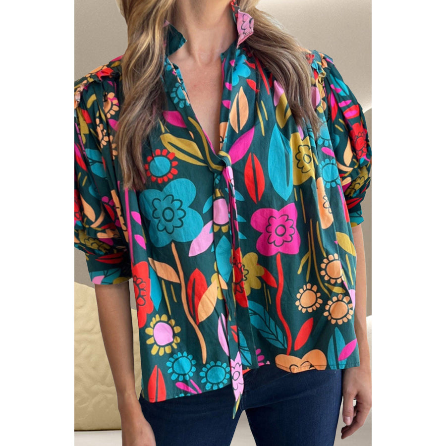 Printed Tie Neck Half Sleeve Blouse Floral / S Apparel and Accessories