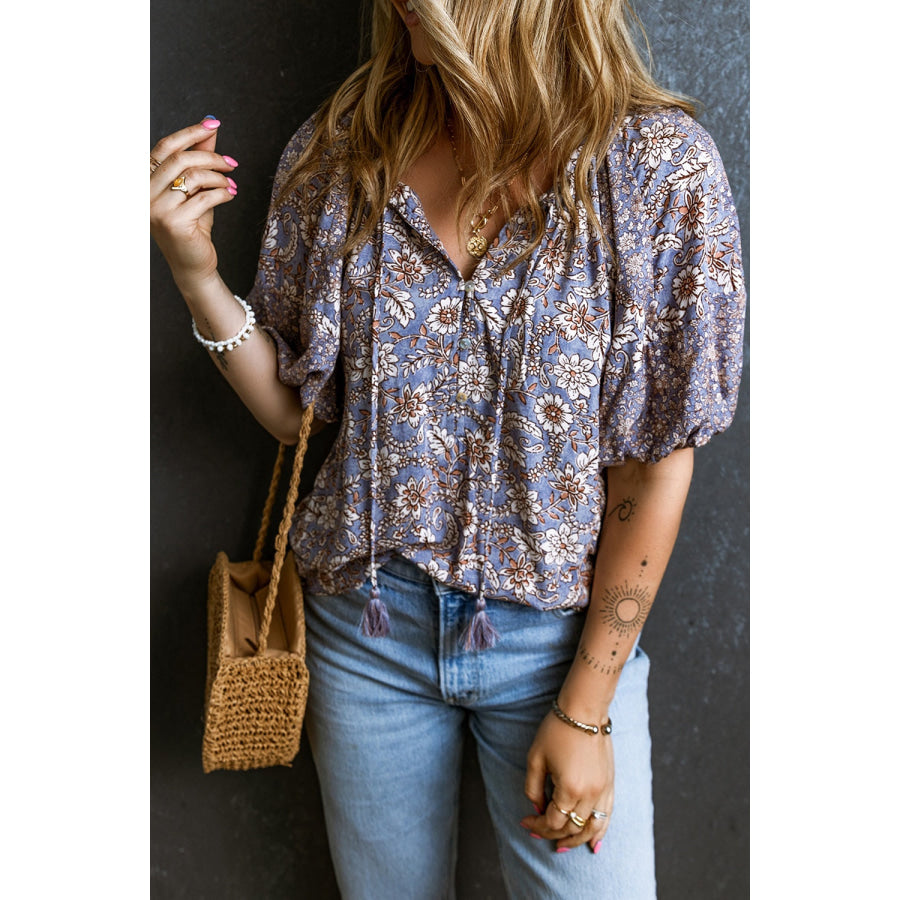 Printed Tie Neck Half Sleeve Blouse Multicolor / S Apparel and Accessories