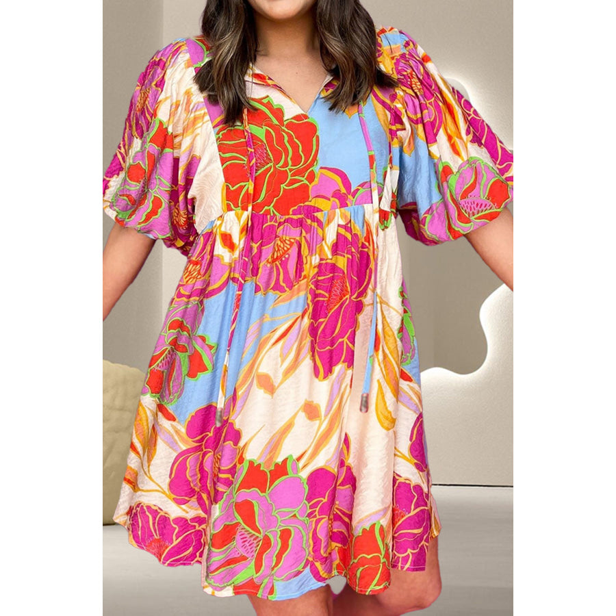 Printed Tie Neck Half Sleeve Mini Dress Floral / S Apparel and Accessories