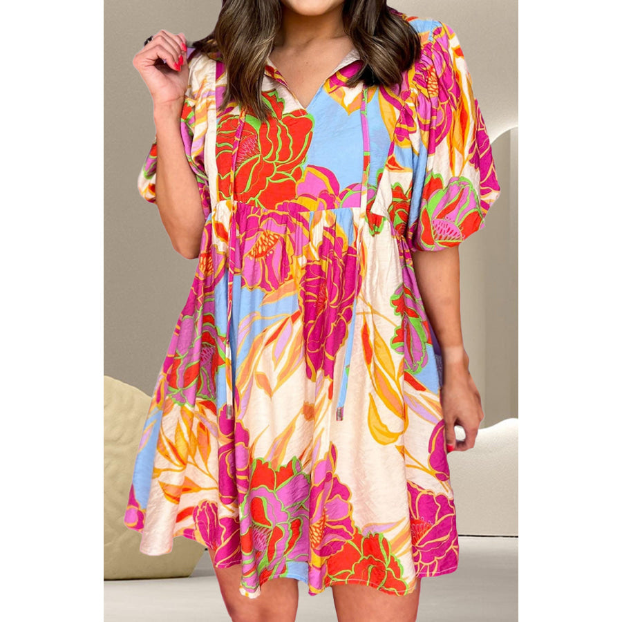 Printed Tie Neck Half Sleeve Mini Dress Floral / S Apparel and Accessories