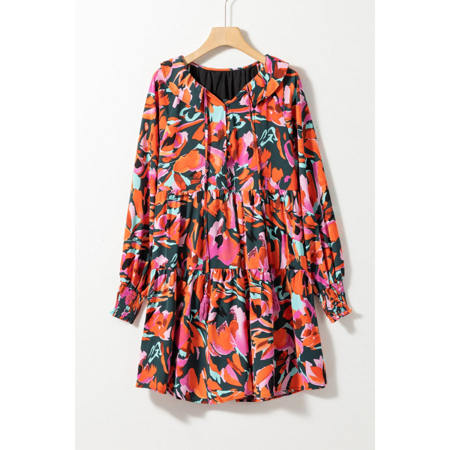 Printed Tie Neck Lantern Sleeve Mini Dress Apparel and Accessories