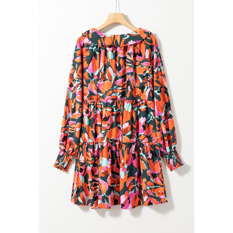 Printed Tie Neck Lantern Sleeve Mini Dress Apparel and Accessories