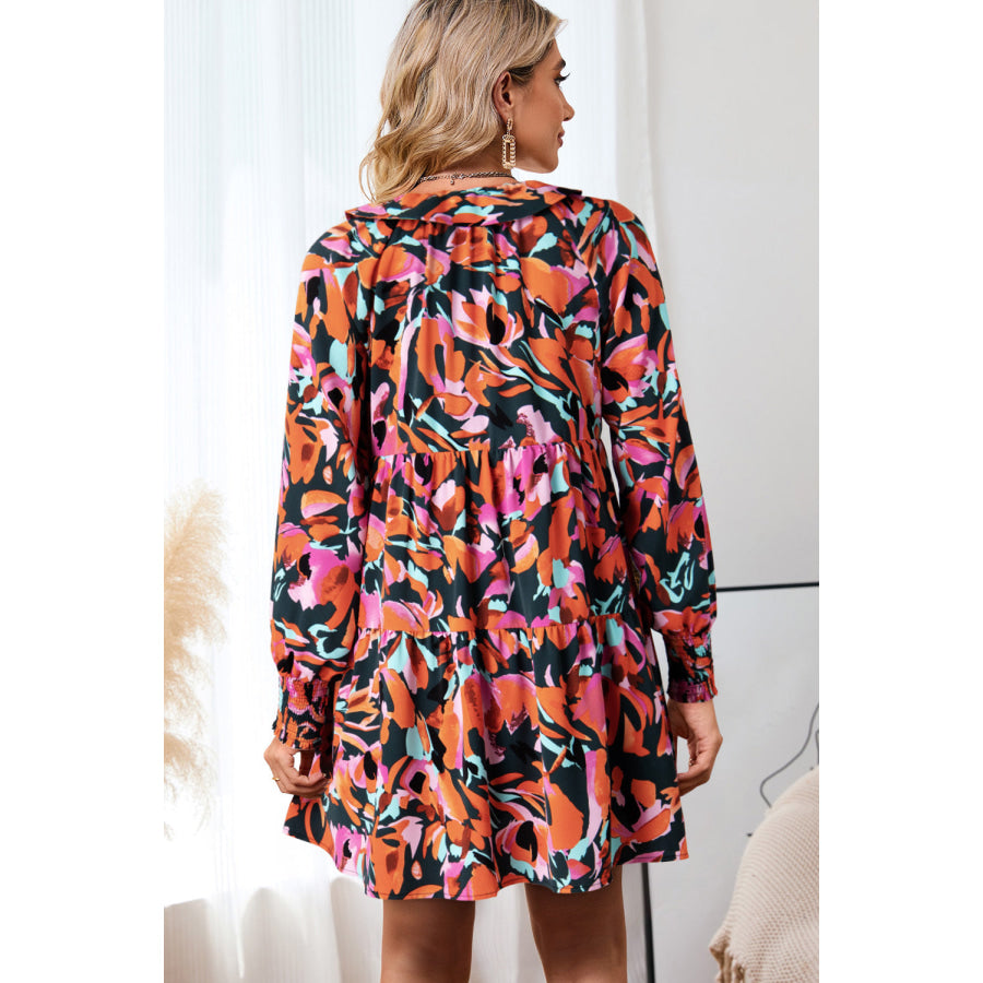 Printed Tie Neck Lantern Sleeve Mini Dress Apparel and Accessories