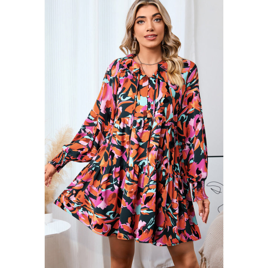 Printed Tie Neck Lantern Sleeve Mini Dress Multicolor / M Apparel and Accessories
