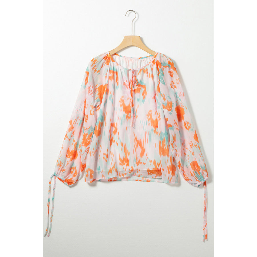 Printed Tie Neck Long Sleeve Blouse Apparel and Accessories