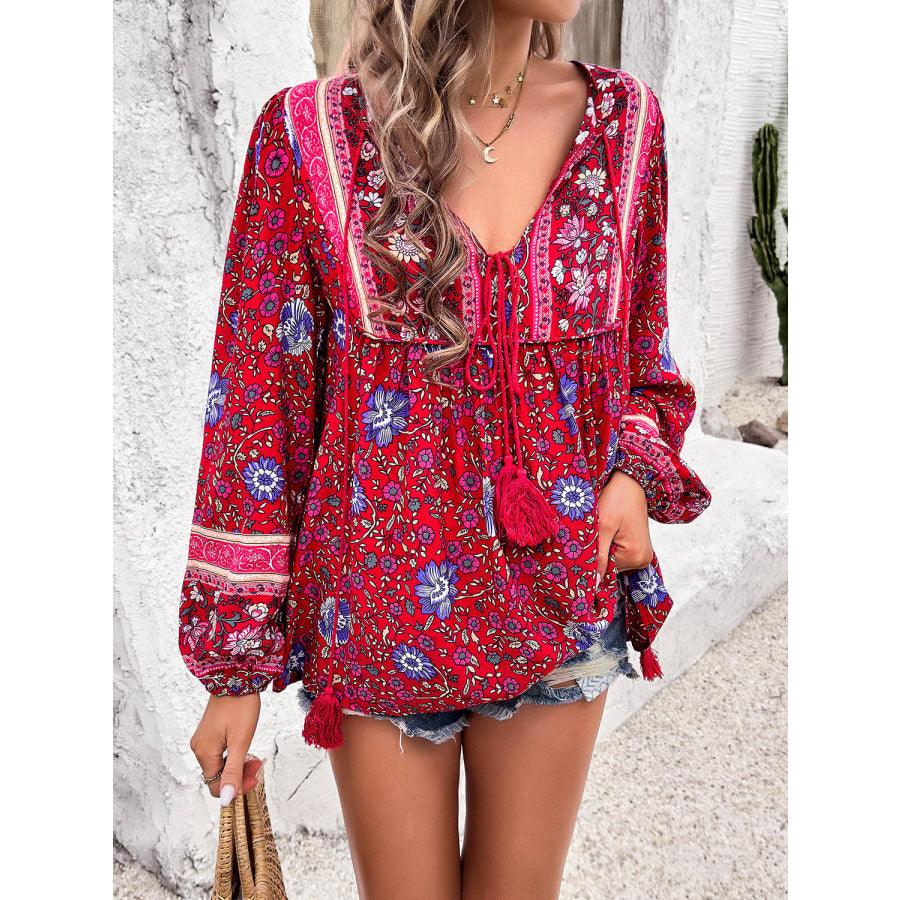 Printed Tie Neck Long Sleeve Blouse Apparel and Accessories