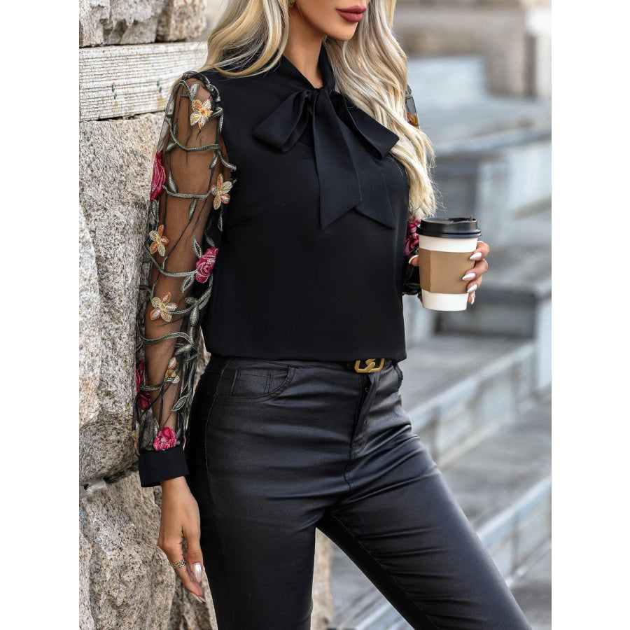 Printed Tie Neck Long Sleeve Blouse Apparel and Accessories