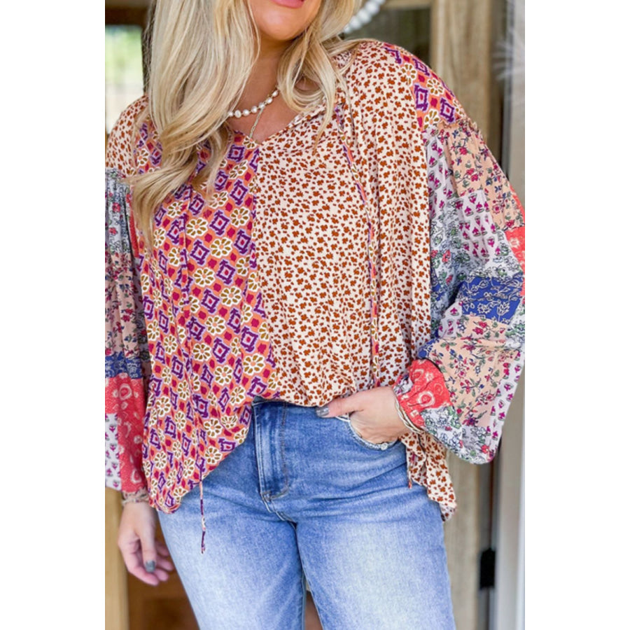 Printed Tie Neck Long Sleeve Blouse Apparel and Accessories