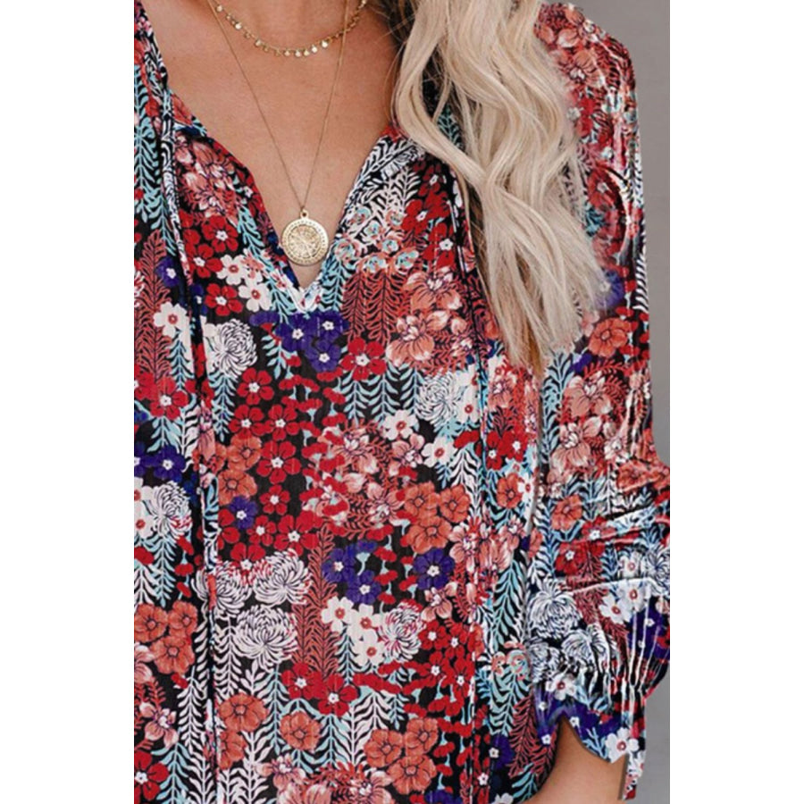 Printed Tie Neck Long Sleeve Blouse Apparel and Accessories