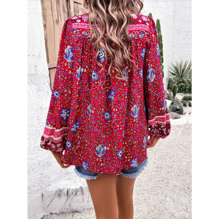 Printed Tie Neck Long Sleeve Blouse Apparel and Accessories