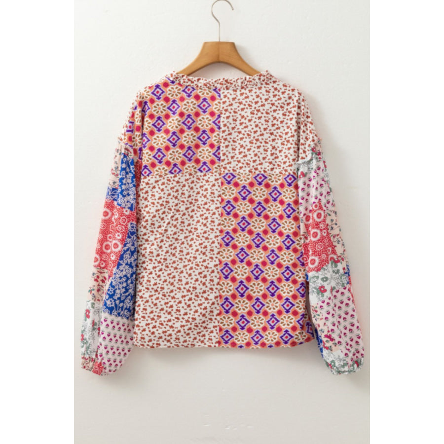 Printed Tie Neck Long Sleeve Blouse Apparel and Accessories