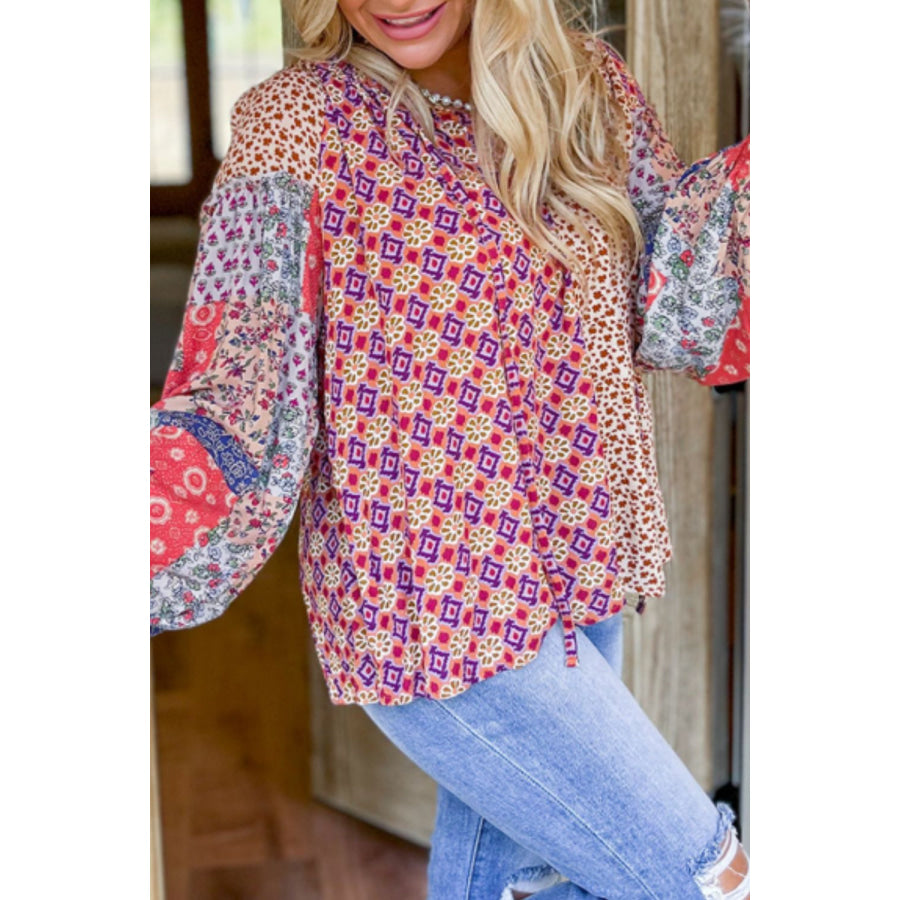 Printed Tie Neck Long Sleeve Blouse Apparel and Accessories