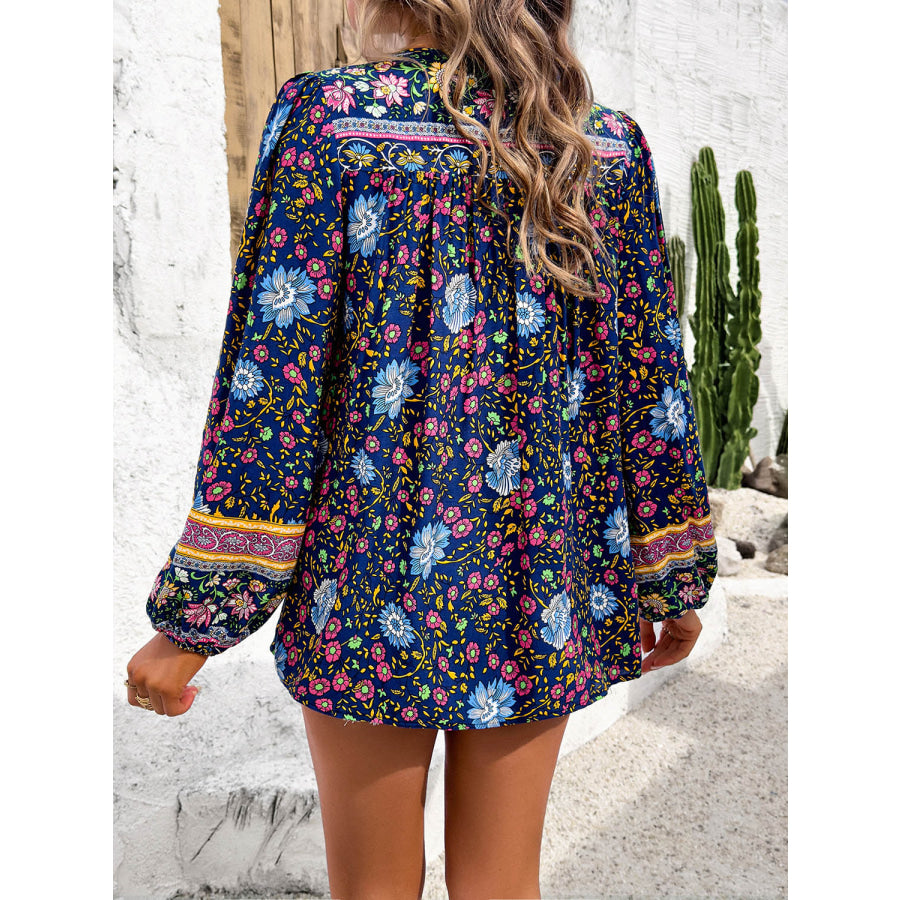 Printed Tie Neck Long Sleeve Blouse Navy / S Apparel and Accessories