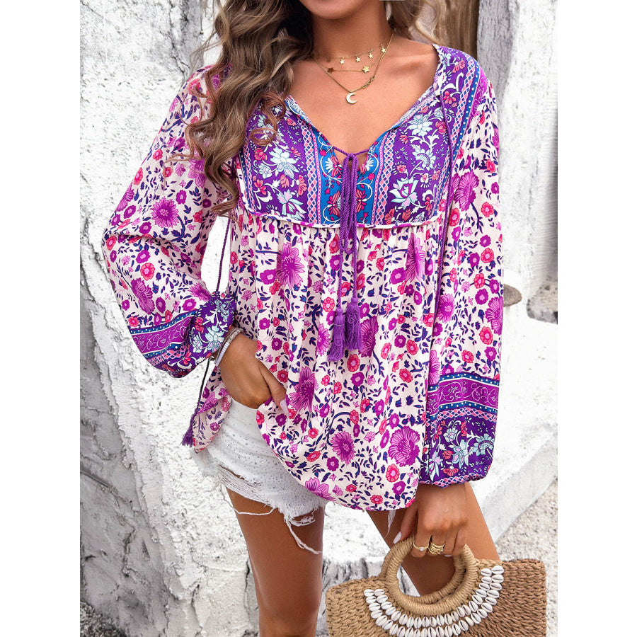 Printed Tie Neck Long Sleeve Blouse Apparel and Accessories